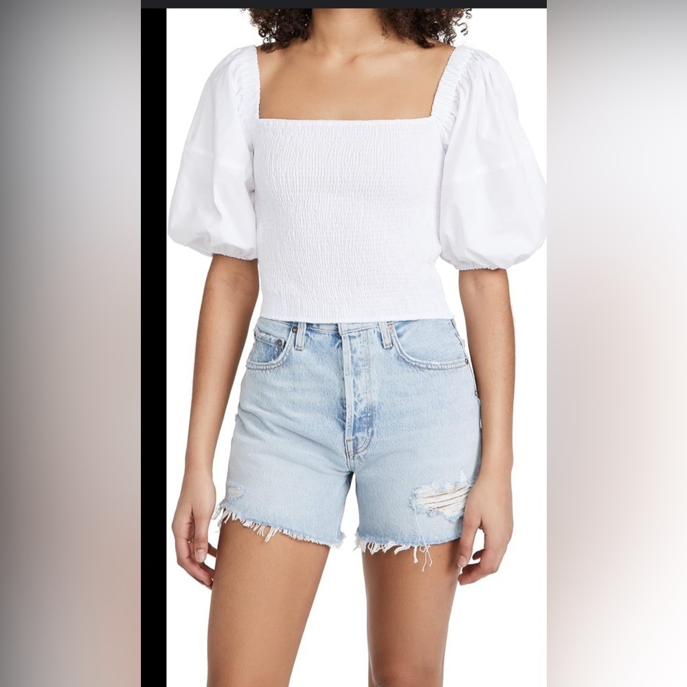 NWT Sokie Collective Puff Sleeve Smocked Top White woth colorful Topstitch,S